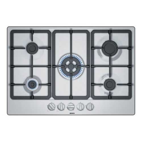 Bosch Table de cuisson plaque à gaz encastrable en acier inoxydable ,75cm  ,5 feux dont un Wok ,grilles en fonte renforcée ,sécurité à prix pas cher