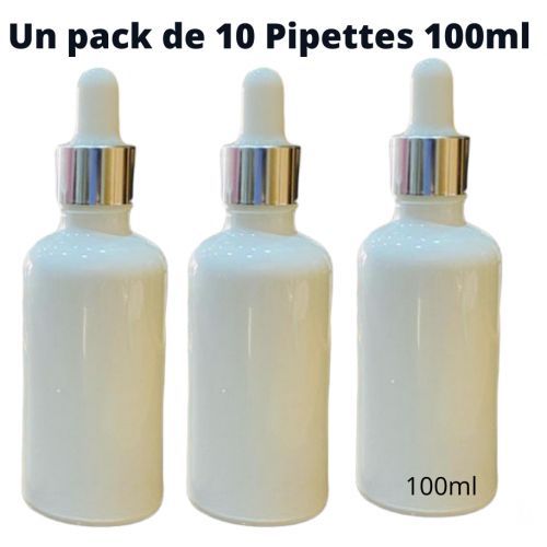 Generic Pack de 10 Pipette compte-gouttes en verre blanc bouchon Argenté  pour huiles et cosmétique 100ml à prix pas cher