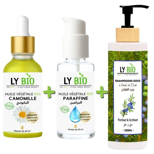 product_image_name-LY BIO-PACK HUILE CAMOMILLE 50ML - PIPETTE + HUILE PARAFFINE 50ML - POMPE + SHAMPOOING A L'HUILE DE CADE 200ML-1