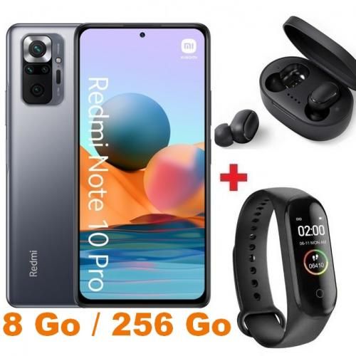 Redmi Note 10 Pro - 6.67" (8Go, 256 Go) 108MP / 8MP - Gris + Band + Écouteur
