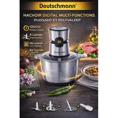 product_image_name-Deutschmann-Hachoir Multifonction Digital 2 Litres 1000W – 4 Lames Tranchantes, 3 Vitesses, Bol Inox, Mélangeur & Séparateur d’œufs-3