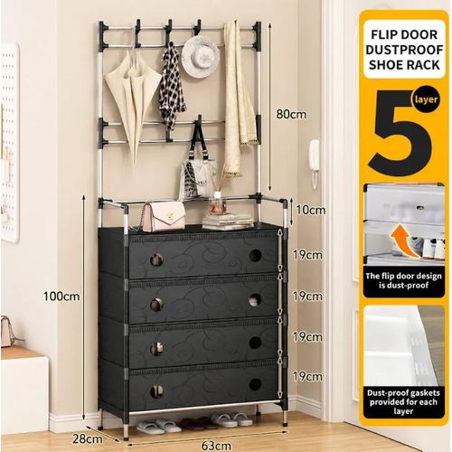 Meuble De Rangement D’entrée 2 en 1 – 4 Tiroirs + Porte-manteaux Intégré