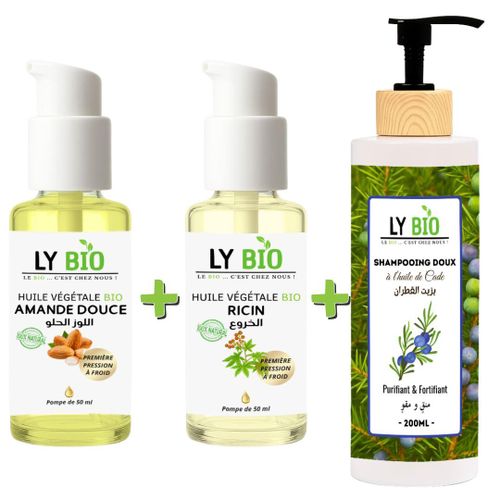 product_image_name-LY BIO-PACK HUILE AMANDE DOUCE 50ml - POMPE + HUILE RICIN 50ml - POMPE + SHAMPOOING A L'HUILE DE CADE 200ML-1