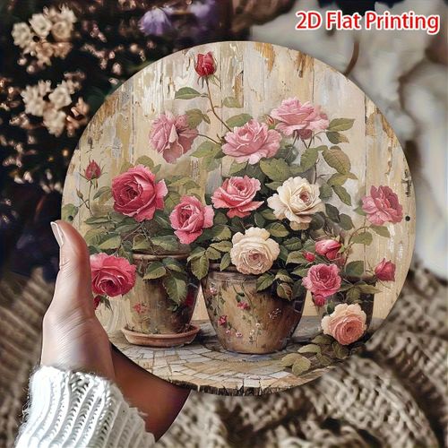 product_image_name-Generic-20.32x20.32 cm Panneau mural vintage en aluminium - La beauté éternelle des roses en fleurs, art rustique en métal pour la maison, le café ou la décoration de garage, utilisation intérieure/extérieure, roses roses et blanches en poterie, art mural de sty-6