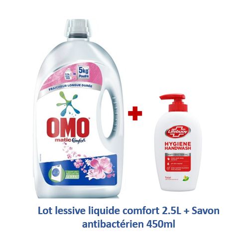 Omo Lot lessive liquide comfort 2.5L + Savon liquide antibactérien