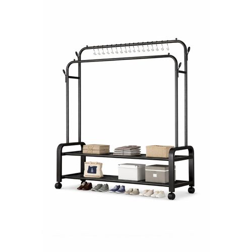 product_image_name-Generic-Portant à vêtements en métal avec roulettes – Double barre avec étagères de rangement – Noir élégant-2