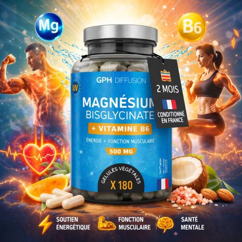 product_image_name-gph diffusion-مغنيسيوم بيسجليسينات + فيتامين B6, 180 كبسولة, علاج لمدة شهرين, صنع في فرنسا-1