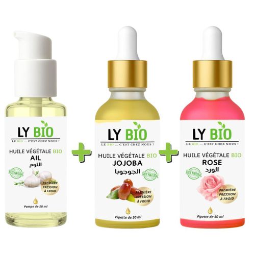 product_image_name-LY BIO-PACK HUILE AIL 50ML - POMPE + HUILE JOJOBA 50ML - PIPETTE + HUILE ROSE 50ml - PIPETTE-1