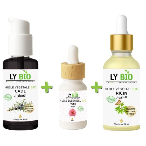 product_image_name-LY BIO-PACK HUILE CADE 50ML - POMPE + HUILE ESSENTIEL ROSE 10ML + HUILE RICIN 50ml - PIPETTE-1