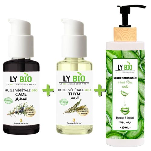 product_image_name-LY BIO-PACK HUILE CADE 50ML - POMPE + HUILE THYM 50ML - POMPE + SHAMPOOING ALOE VERA 200ML-1