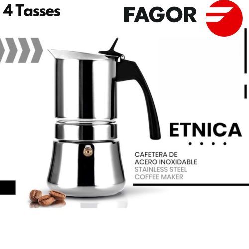 product_image_name-Fagor-ETNICA 4 Cafetière Italienne 4 Tasses 200 ml – Acier Inoxydable Brillant, Compatible Tous Feux Dont Induction, Poignée Isolante, Design Élégant et Robuste, Café Authentique à l’Italienne-1