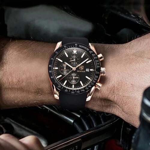 product_image_name-Benyar-ساعة يد رجالية كوارتز سيليكون مقاومة للماء كرونوغراف باللون الأسود-4