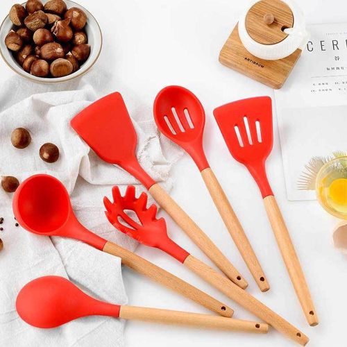 Generic Ensemble d'ustensiles de cuisine 11Pcs en silicone et bois avec un  pot à prix pas cher