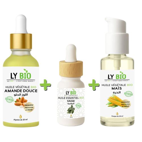 product_image_name-LY BIO-PACK HUILE AMANDE DOUCE 50ML - PIPETTE + HUILE ESSENTIEL SAUGE 10ML + HUILE MAIS 50ML - POMPE-1