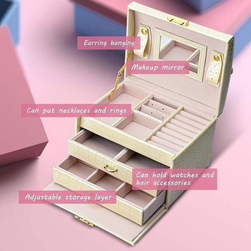 product_image_name-Generic-Boîte à bijoux en cuir synthétique motif crocodile avec miroir intérieur, rangement sécurisé multi-couches pour accessoires féminins-4