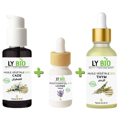 product_image_name-LY BIO-PACK HUILE CADE 50ML - POMPE + HUILE ESSENTIEL LAVANDE 10ML + HUILE THYM 50ML - PIPETTE-1