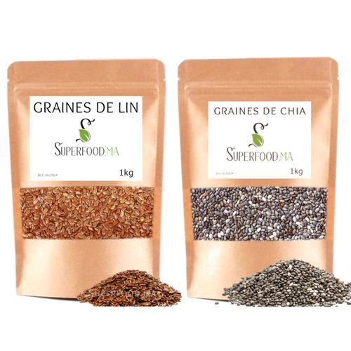 PACK 1kg Graines de Chia + 1kg Graines de Lin Sans gluten Omega 3 et fibres