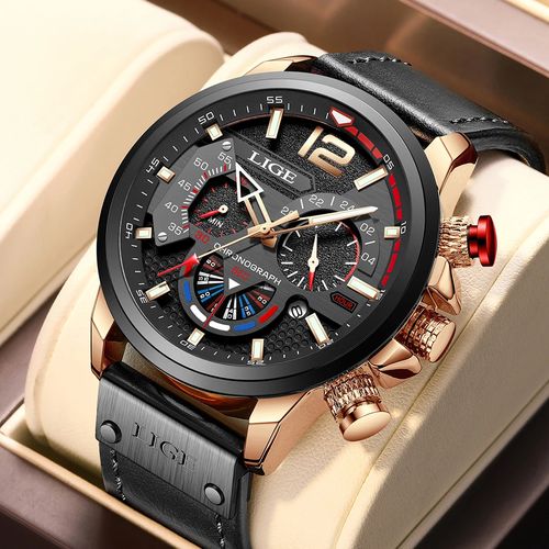 Lige LIGE Montre de sport a quartz chronographe de luxe bracelets en cuir horloge etanche