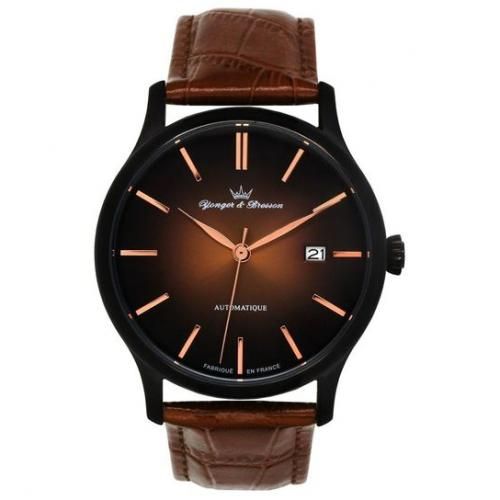 product_image_name-Yonger & Bresson-YBH8564/23 - Automatique - Made in France - Noir Cadran Brun - Bracelet Cuir Marron-1