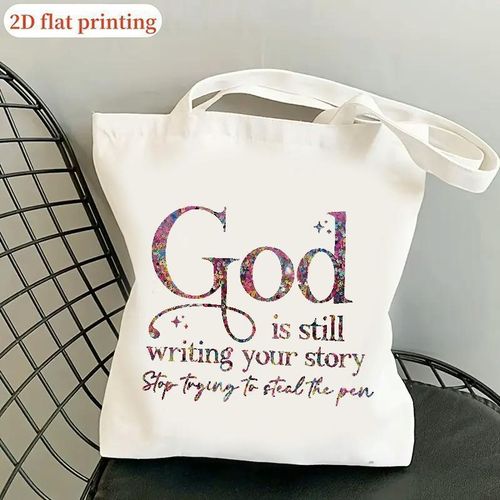 product_image_name-Generic-Sac à Bandoulière Grande Capacité avec Citations Inspirantes et Paillettes - Sac Polyester Durable pour Shopping, Étudiants & Usage Quotidien, Blanc, Accessoire Étudiant, 2D Plat-1
