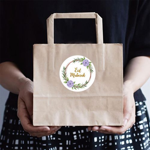 product_image_name-Generic-Ensemble de 24 ou 48 autocollants circulaires avec l'inscription 'Eid Mubarak' en texte doré, ornés de fleurs violes et de feuilles vertes, parfaits pour les décorations festives.-3