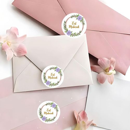 product_image_name-Generic-Ensemble de 24 ou 48 autocollants circulaires avec l'inscription 'Eid Mubarak' en texte doré, ornés de fleurs violes et de feuilles vertes, parfaits pour les décorations festives.-5