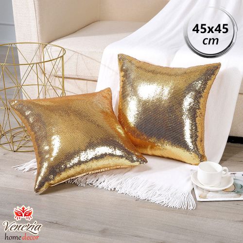 Venezia Housse de Coussin Paillettes Satin Taie d'oreiller Sequin pour la  Décoratif (45 x 45 cm) ( D'or ) à prix pas cher