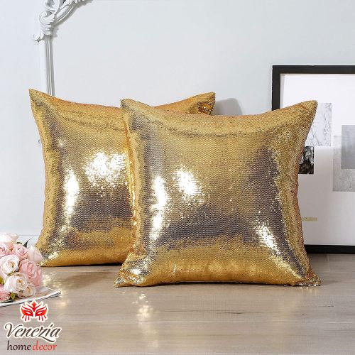 Venezia Housse de Coussin Paillettes Satin Taie d'oreiller Sequin pour la  Décoratif (45 x 45 cm) ( D'or ) à prix pas cher