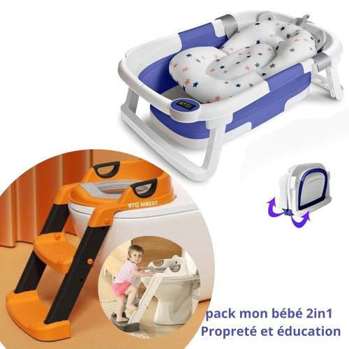 product_image_name-Generic-pack mon bébé 2in1  Propreté et éducation- Réducteurs de toilettes bébé orange+ Baignoire Pliable bleu pour Bébé avec Coussin de Bain Bassin de Douche Portable Antidérapante, avec thermomètre-1