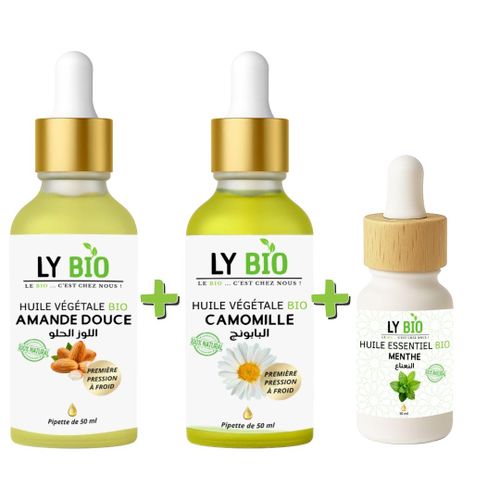 product_image_name-LY BIO-PACK HUILE AMANDE DOUCE 50ML - PIPETTE + HUILE CAMOMILLE 50ML - PIPETTE + HUILE ESSENTIEL MENTHE 10ML-1