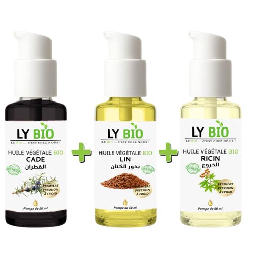 product_image_name-LY BIO-PACK HUILE CADE 50ML - POMPE + HUILE LIN 50ML - POMPE + HUILE RICIN 50ml - POMPE-1