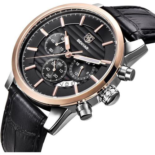 product_image_name-Benyar-Montre Chronographe Analogique à Quartz pour Hommes - Lumineuse, Cadran Noir avec Boîtier en Acier Inoxydable , Bracelet en Similicuir, Fonction Date/Chronomètre, Style Élégant pour Affaires & Sport-5