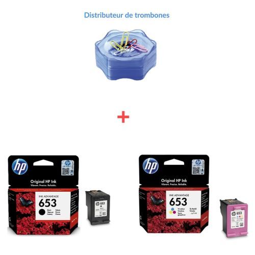 Hp Pack Cartouche d'encre 653 noir + couleur Pour DeskJet plus Ink  Advantage 1275, 2375, 2376, 2700 2775, 6075, 6475, 2776 ( DISTRIBUTEUR  TROMBONES OFFERTE ) à prix pas cher