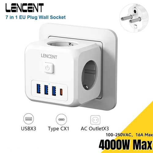 Lencent Prise multifonction 7en1, 3 Prises AC, 3 Ports USB,1 Port Type C, Multi Protéger à prix pas cher