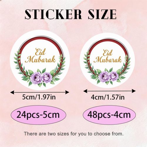 product_image_name-Generic-Ensemble de 24 ou 48 autocollants Eid Mubarak avec un design circulaire, un fond blanc, une bordure rouge, des roses violes, des feuilles vertes et des lettres dorées, parfait pour une décoration festive.-2