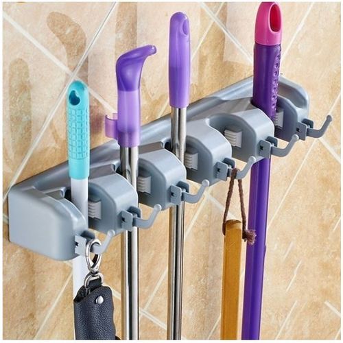 Porte-balai en fixation murale, lot de 5, 5 supports muraux, 5 crochets,  Rangement à outils pour le mur, 40 cm, PP, gris