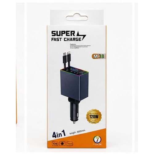 Chargeur Voiture 4-en-1 Rétractable M38 120W Allume-Cigare Câbles iPhone + Type-C 80cm