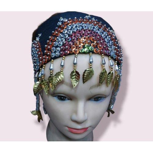 product_image_name-Generic-Serre-tête noir ornemental traditionnel pour femme, orné à la main de motifs brillants et décoré de pierres scintillantes et de pendentifs dorés et argentés-3