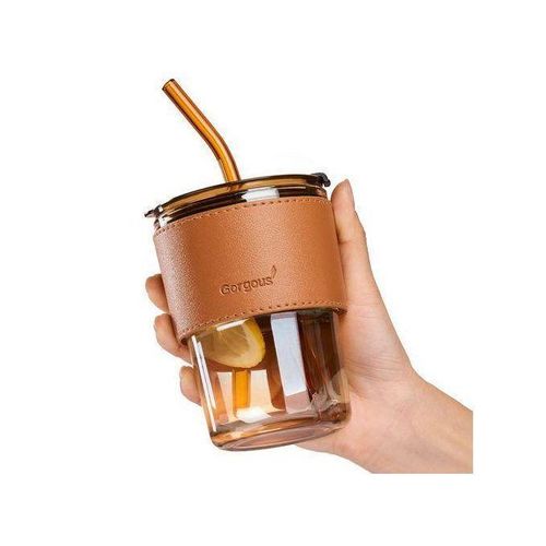 product_image_name-Generic-Tasse à café en verre avec couvercle bambou et paille réutilisable, Gobelet élégant pour boissons chaudes et froides, Marron-1