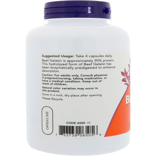product_image_name-Now Foods-Hydrolyzed Beef Gelatin Gélatine de bœuf  550 mg 200 capsules-3