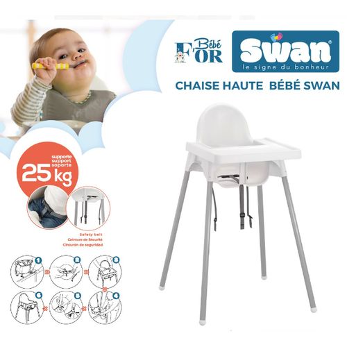 Swan Chaise haute bébé avec tablette et ceinture de sécurité, supporte 25kg  -BLANC à prix pas cher