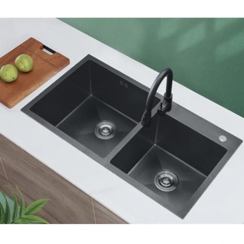 SM Evier Lavabo de Cuisine Double fait main noir 3mm 72x39Cm à prix pas  cher