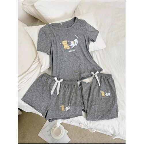product_image_name-Generic-طقم بيجامة نسائية ثلاثة قطع بنقشة القطط - راحة وأناقة-1
