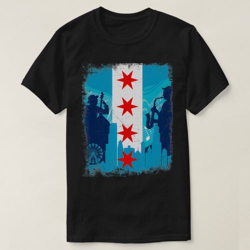 Jazz Theme Vintage Chicago Flag & City Skyline T Shirt