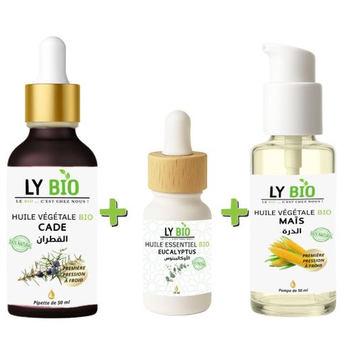 product_image_name-LY BIO-PACK HUILE CADE 50ML - PIPETTE + HUILE ESSENTIEL EUCALYPTUS 10ML + HUILE MAIS 50ML - POMPE-1