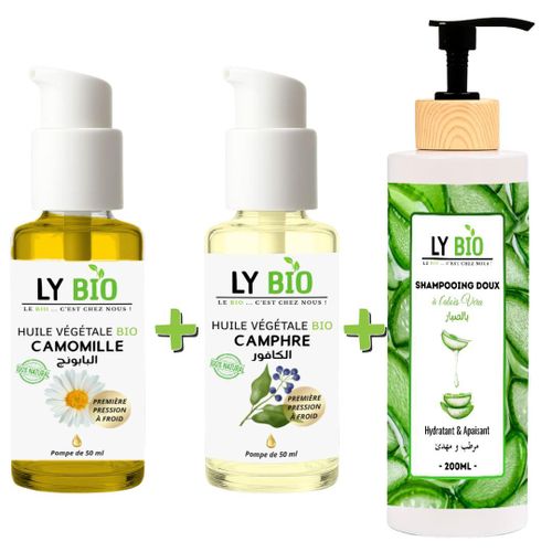 product_image_name-LY BIO-PACK HUILE CAMOMILLE 50ML - POMPE + HUILE CAMPHREE 50ML - POMPE + SHAMPOOING ALOE VERA 200ML-1