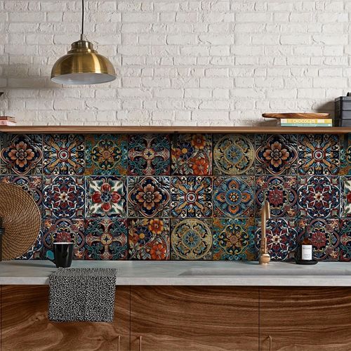product_image_name-Generic-24 pièces de motifs de carreaux floraux de style européen marron, autocollants de carreaux en céramique anti-éclaboussures à décoller et coller, bricolage auto-adhésif, autocollants muraux amovibles imperméables et résistants à l'huile, adaptés aux dosse-7