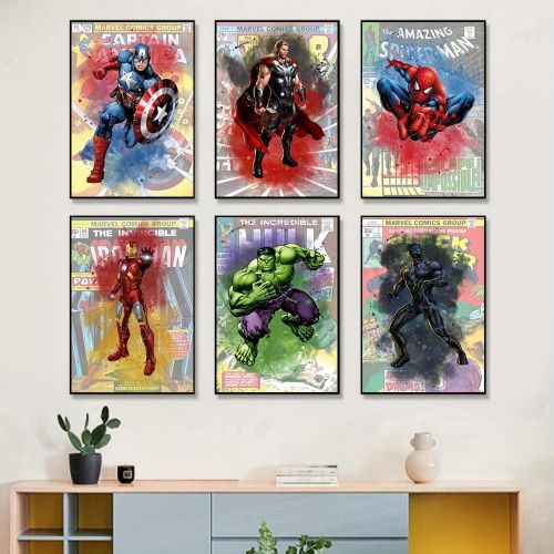 product_image_name-Generic-6 قطع ملصقات A5 لأبطال سوبر من مارفل كوميكس - فن حائط عتيق مع سبايدر مان، آيرون مان، هالك، وثور-1