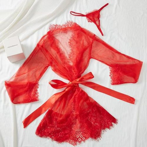 Generic Chemise de nuit en dentelle fine transparente pour femmes vetements de nuit sous vetements L XL media blanc noir rouge mince voir a travers la ceinture de gaze