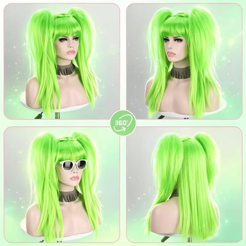 Generic Bright Lime Green Pigtail  Wig - image 2